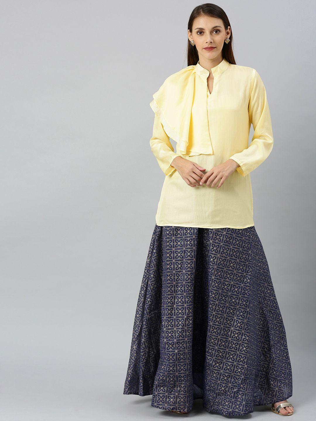 indo era navy blue & yellow printed ready to wear lehenga with blouse