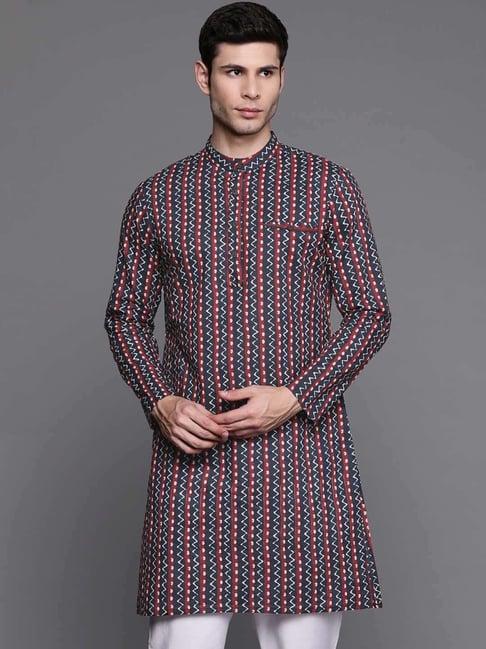 indo era navy blue cotton regular fit embellished kurta