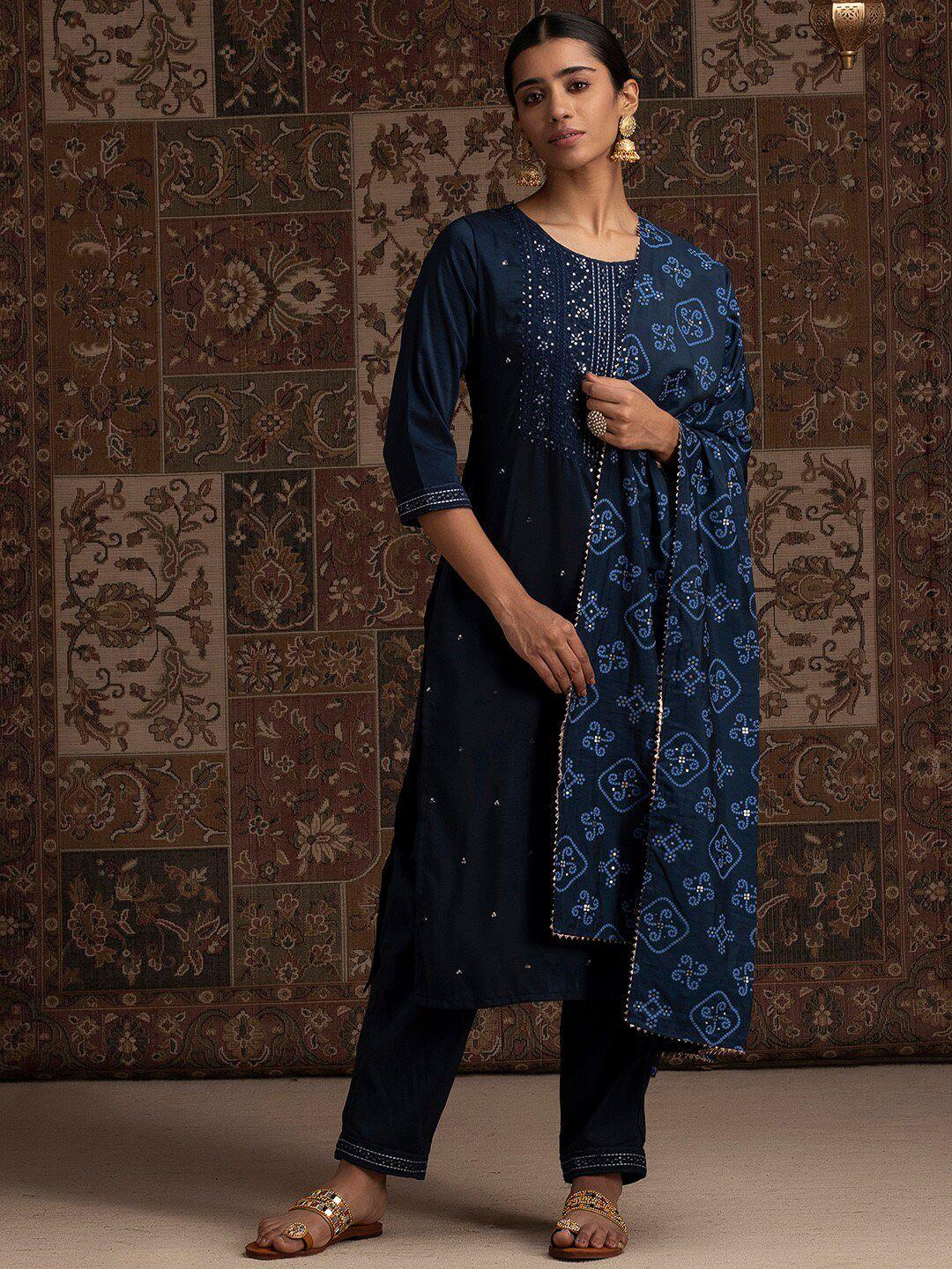 indo era navy blue floral yoke design sequined straight kurta with trousers and dupatta