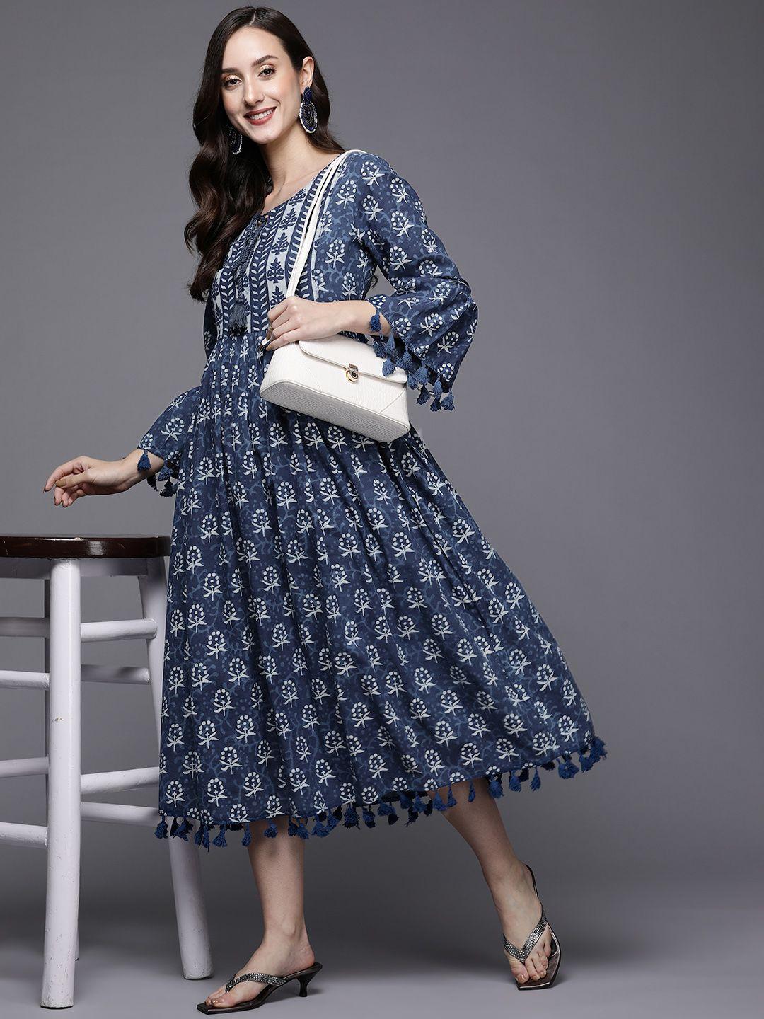 indo era navy blue printed flared a-line midi ethnic dress