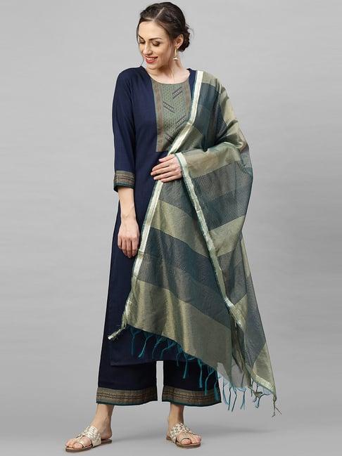 indo era navy blue solid kurta palazzo with dupatta sets