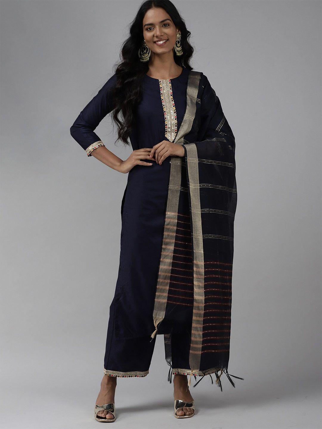 indo era navy blue woven design art silk dupatta