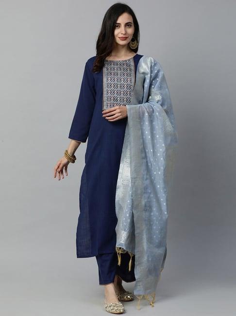 indo era navy cotton floral print kurta palazzo set with dupatta