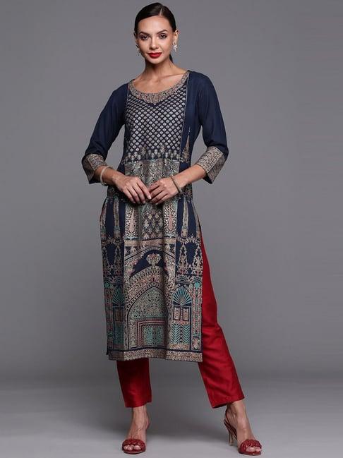 indo era navy cotton printed straight kurta