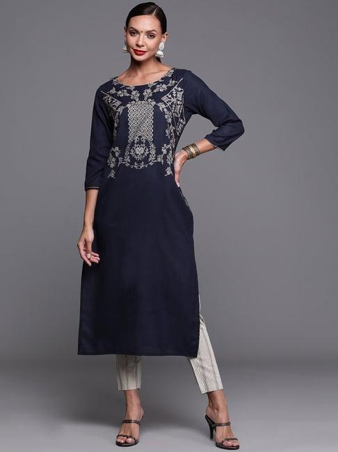 indo era navy cotton printed straight kurta