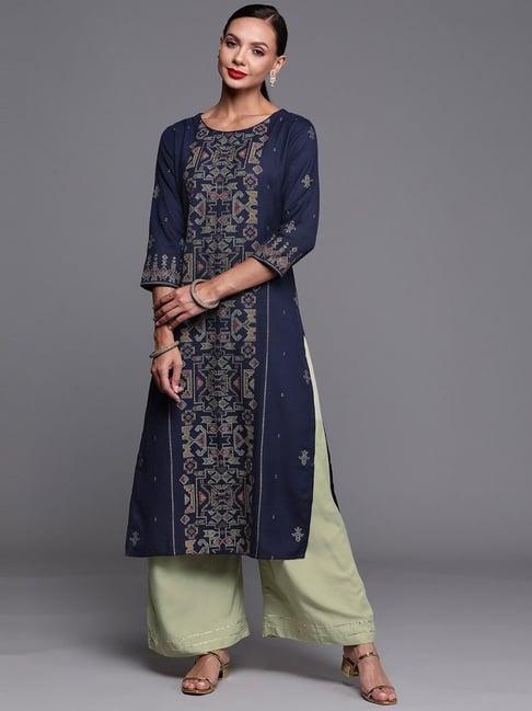 indo era navy cotton printed straight kurta