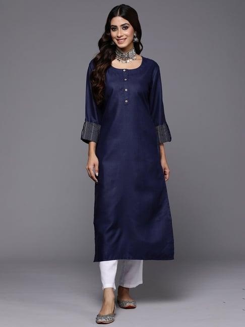 indo era navy cotton straight kurta