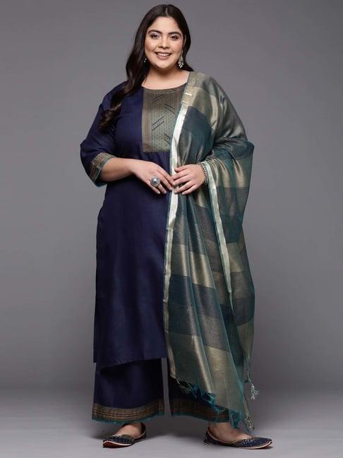 indo era navy cotton woven pattern kurta palazzo set with dupatta