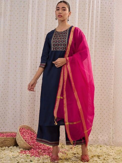 indo era navy cotton woven pattern kurta palazzo set with dupatta