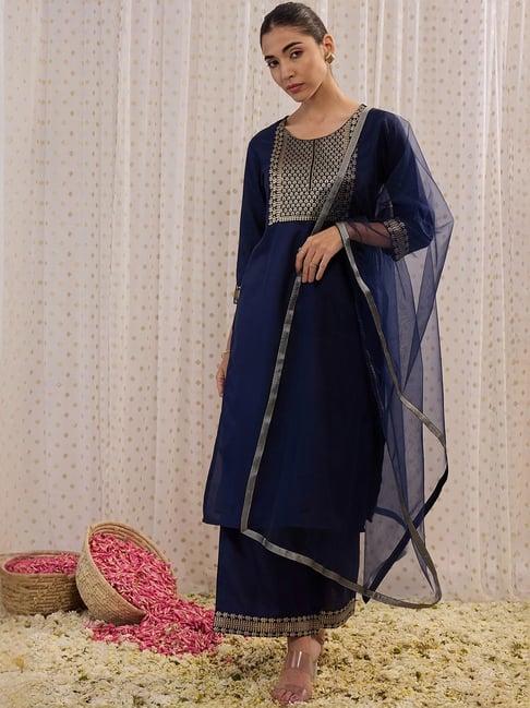 indo era navy cotton woven pattern kurta palazzo set with dupatta