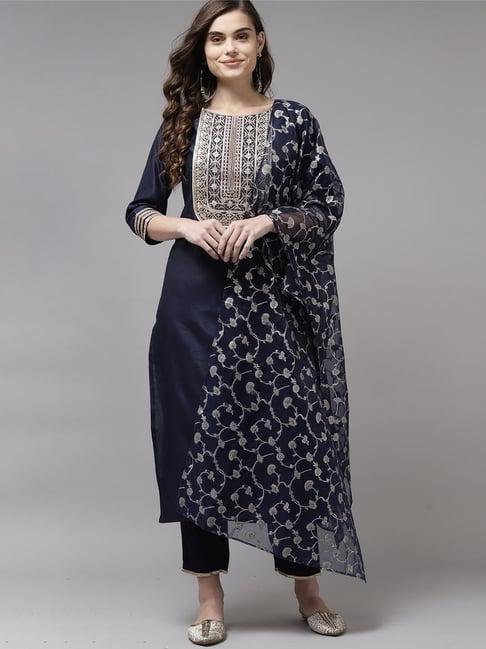 indo era navy embellished kurta pant set with dupatta