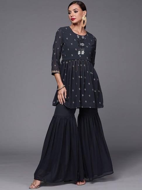 indo era navy embellished kurta sharara set with dupatta