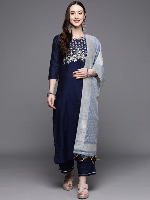 indo era navy embroidered kurta palazzo set with dupatta