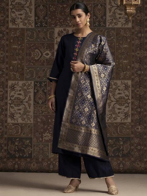 indo era navy embroidered kurta palazzo set with dupatta