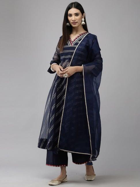 indo era navy embroidered kurta palazzo set with dupatta