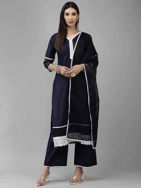 indo era navy embroidered kurta palazzo set with dupatta