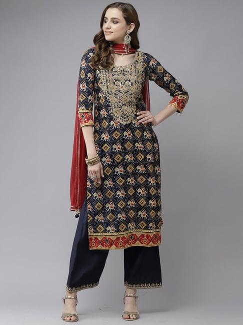 indo era navy embroidered kurta palazzo set with dupatta