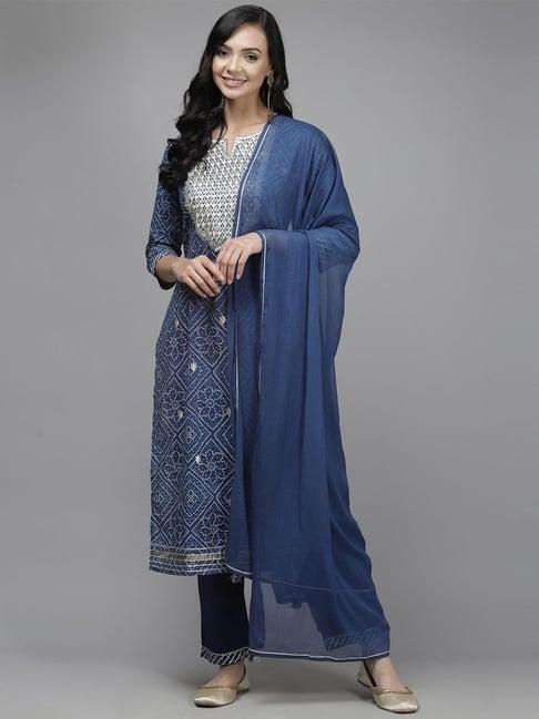 indo era navy embroidered kurta pant set with dupatta