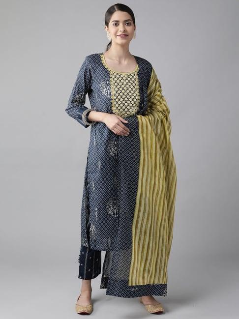 indo era navy embroidered kurta pant set with dupatta