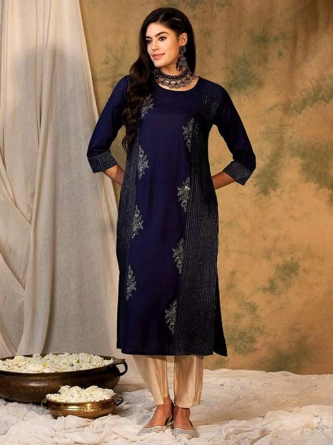 indo era navy embroidered straight kurta