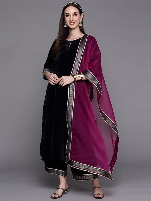 indo era navy kurta palazzo set with dupatta