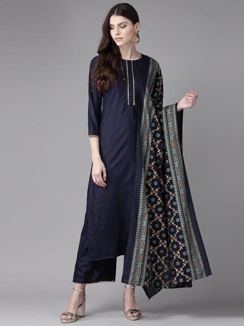 indo era navy kurta palazzo set with dupatta