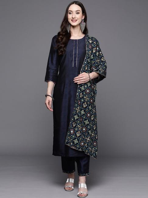 indo era navy kurta pant set with dupatta