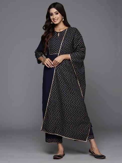 indo era navy printed kurta palazzo set with dupatta