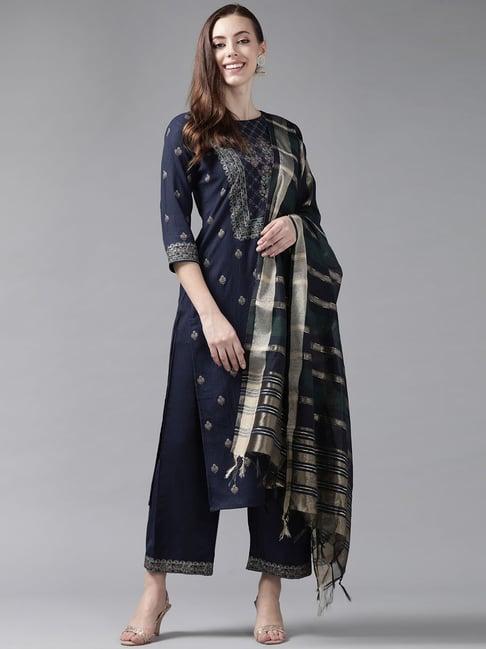 indo era navy printed kurta palazzo set with dupatta