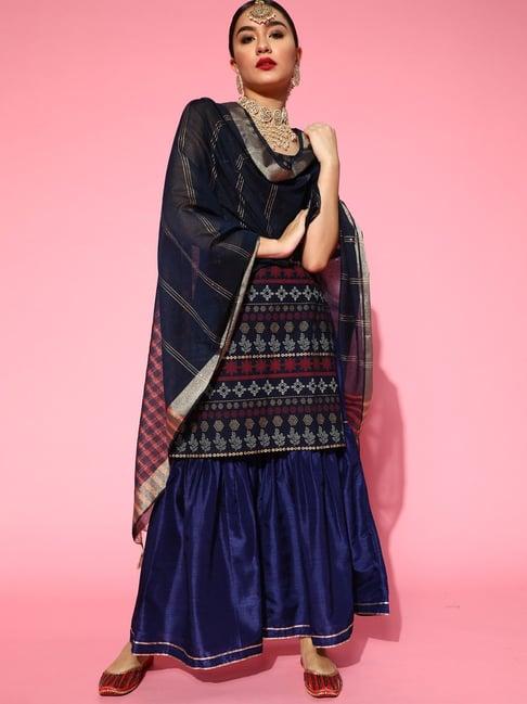 indo era navy printed kurta sharara set with dupatta