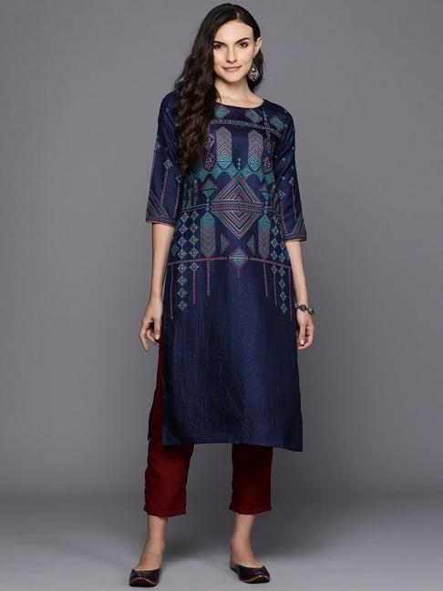 indo era navy printed straight kurta