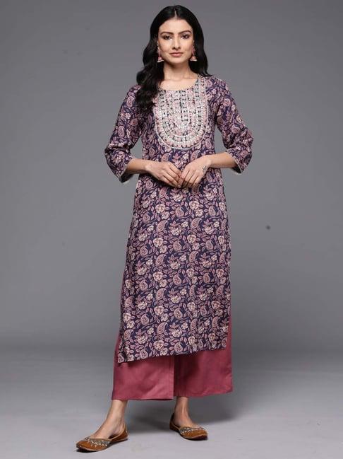 indo era navy printed straight kurta