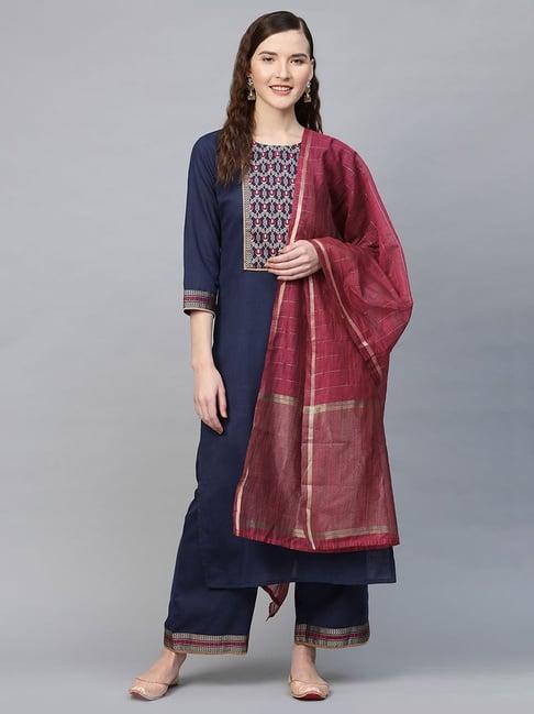 indo era navy round neck kurta with palazzo & dupatta