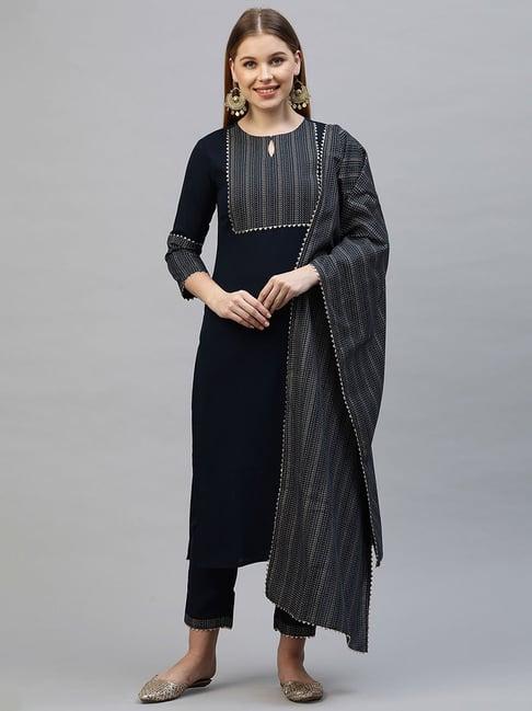 indo era navy round neck kurta with pant & dupatta