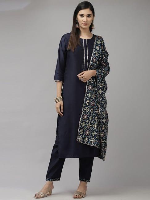 indo era navy zari work kurta pant set with dupatta