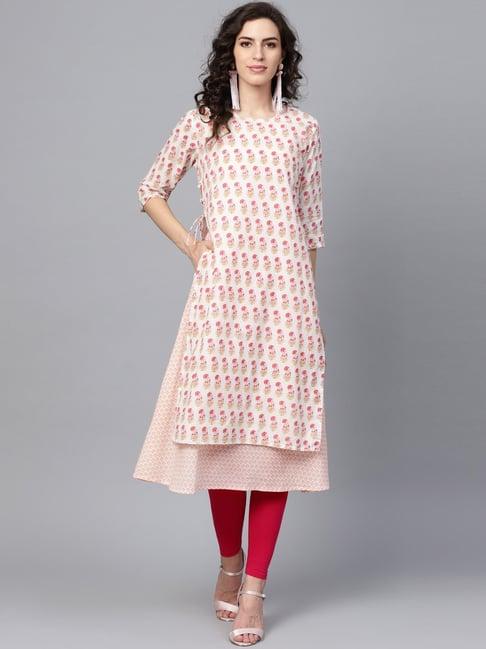 indo era off-white & blush pink cotton printed double layered kurta