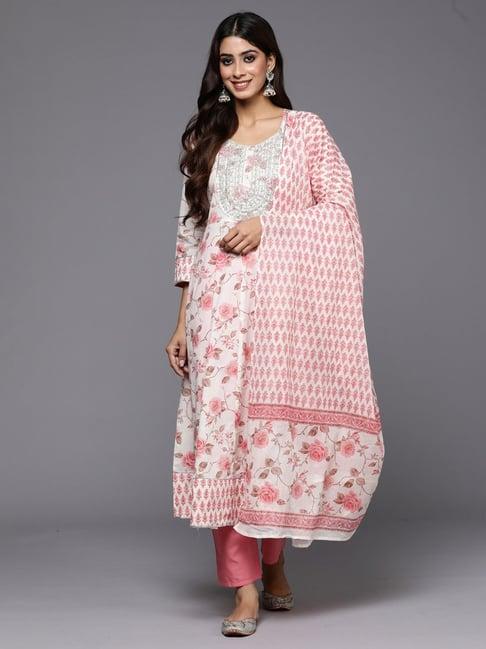 indo era off-white & peach cotton floral print kurta pant set with dupatta