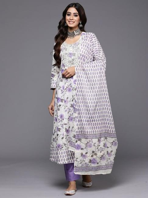 indo era off-white & purple cotton floral print kurta pant set with dupatta