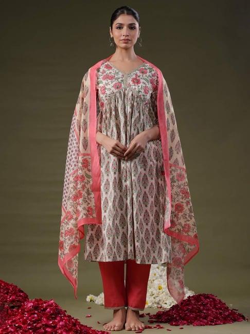 indo era off-white & red cotton printed kurta pant set with dupatta