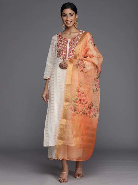 indo era off-white embroidered kurta palazzo set with dupatta