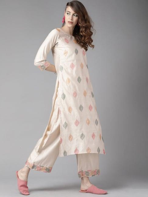 indo era off white embroidered kurta with palazzo & dupatta