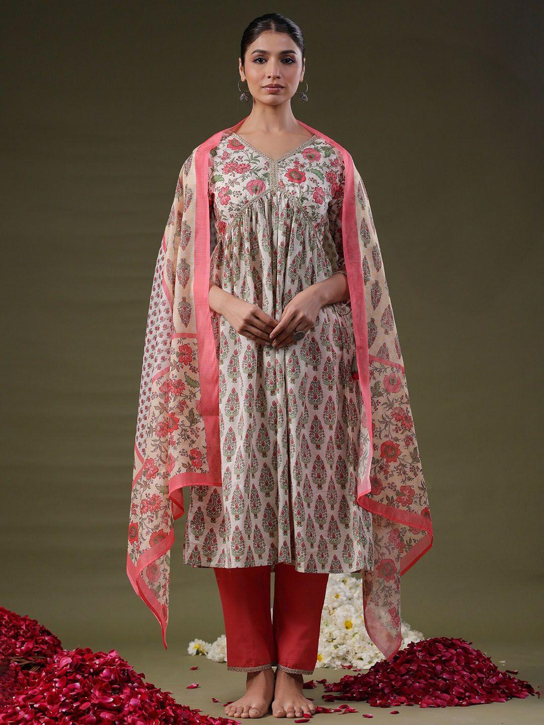 indo era off white floral printed empire pure cotton kurta with trouser & dupatta