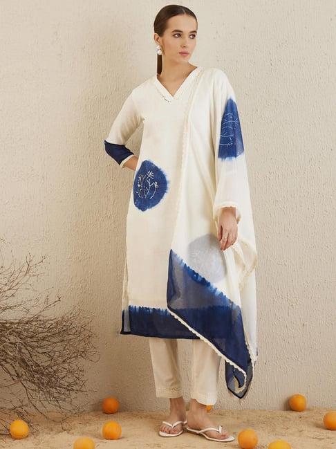 indo era off-white linen embroidered kurta pant set with dupatta