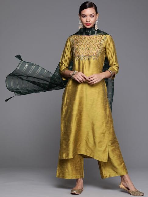 indo era olive green embellished kurta palazzo set with dupatta