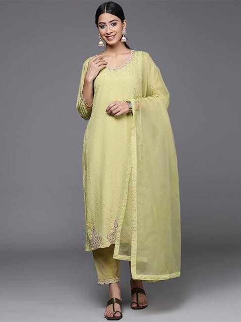 indo era olive green embroidered kurta pant set with dupatta