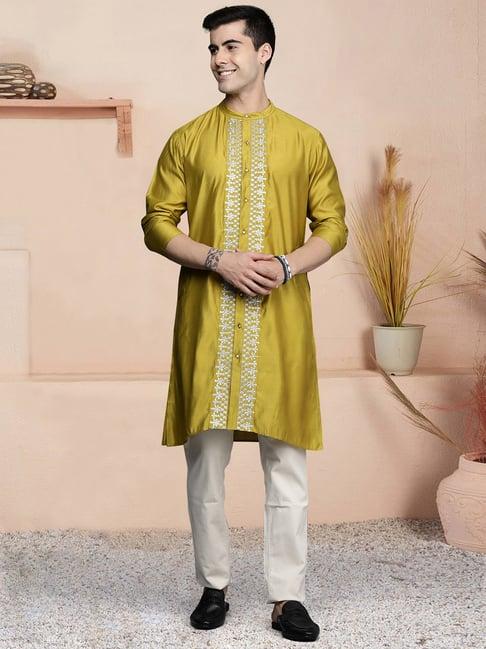 indo era olive regular fit embroidered kurta