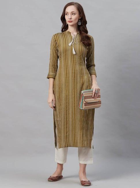 indo era olive striped kurta