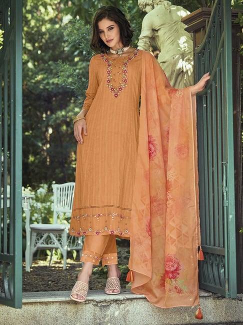 indo era orange cotton embroidered kurta pant set with dupatta