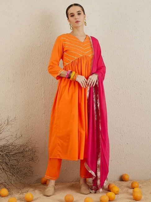 indo era orange cotton kurta pant set with dupatta