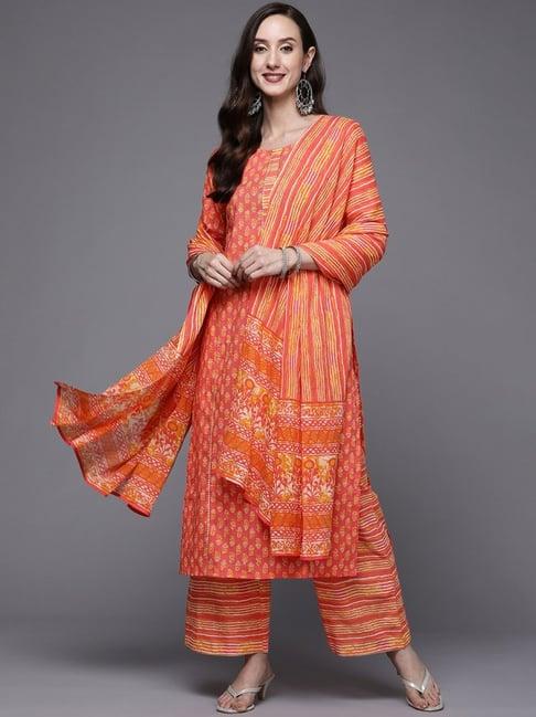 indo era orange cotton printed kurta palazzo set with dupatta